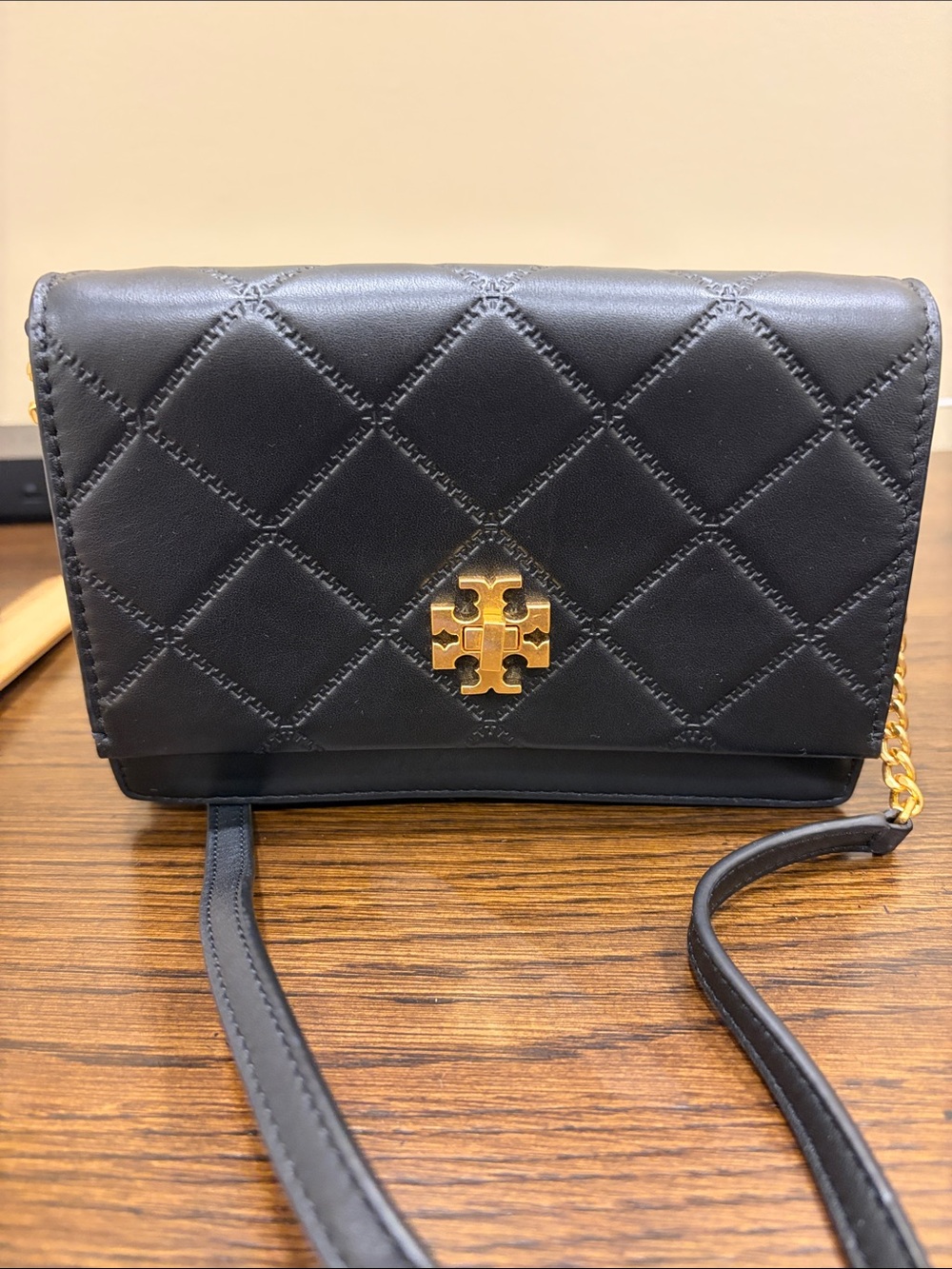 Tory Burch Black Quilted Leather Crossbody with Gold Logo